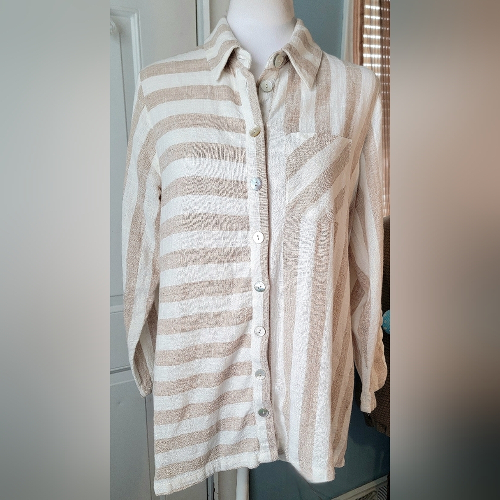 Soft Surroundings Camina Linen Blend High Low Heam Tunic Women's M Mixed Striped